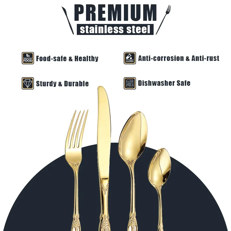 Luxury 24-Piece Hollow Carved Cutlery Set | Stainless Steel Gold Tableware