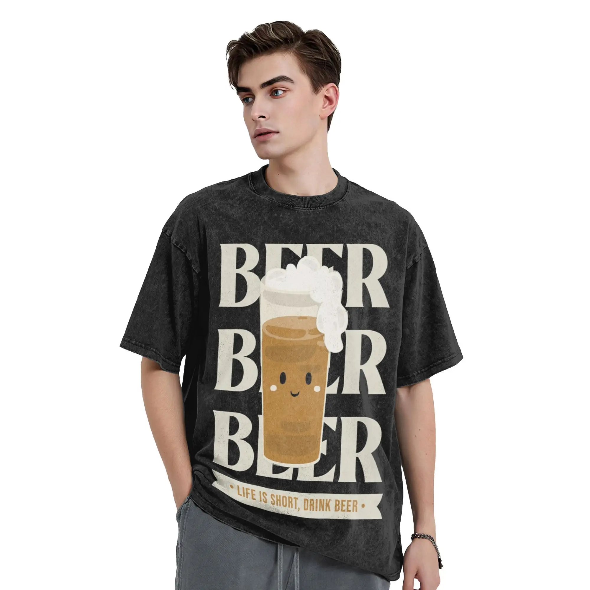 تي شيرت رجالي من Life is Short Drink Beer International Beer Day مغسول بأكمام قصيرة ورقبة دائرية، ملابس قطنية جرافيك