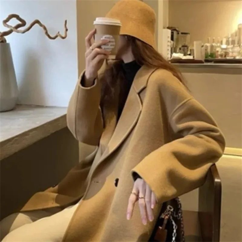 Hot Selling Korean Style Mid Length Front Shoulder Double Sided Woolen Coat For Women In Autumn And Winter Hepburn Style Outer