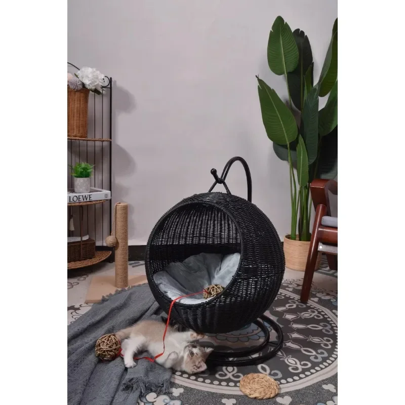 Paper Rope rattan Woven Hanging Hammock Egg Chair Lounge Soft Deep Cushion with Hammock Stand for Cat Dog Pet  Basket