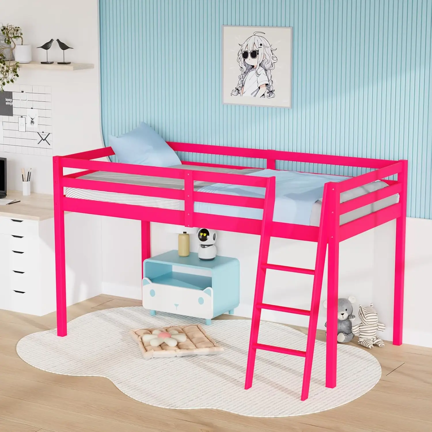 47'' Tall Junior Low Loft Bed with Stairs, Solid Wood Bed Frame Twin Size Princess Bed for Adults, Kids and Young Teens,