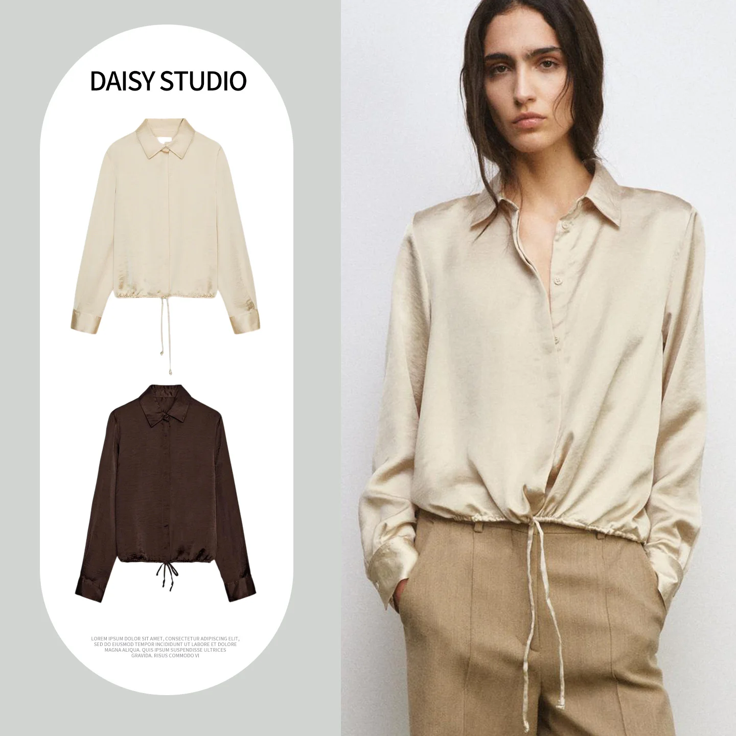 

Spring New Arrival Women's Silk Satin Feel Long Sve irt with Bow Tie Stand Collar Flip Cover Design Comfortable Breathable