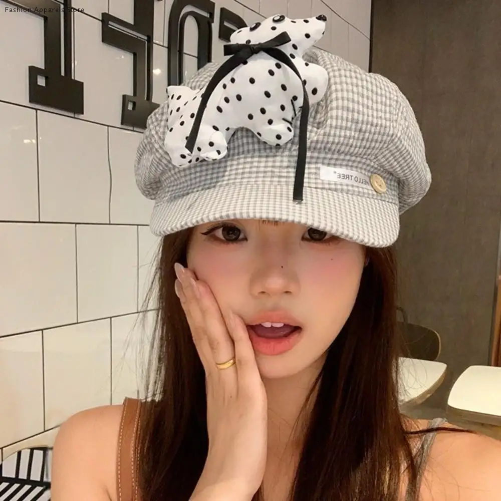 

Vintage Cute Puppy Cloud Berets Korean Y2k Octagonal Caps Sweet Plaid Painter Hat Women