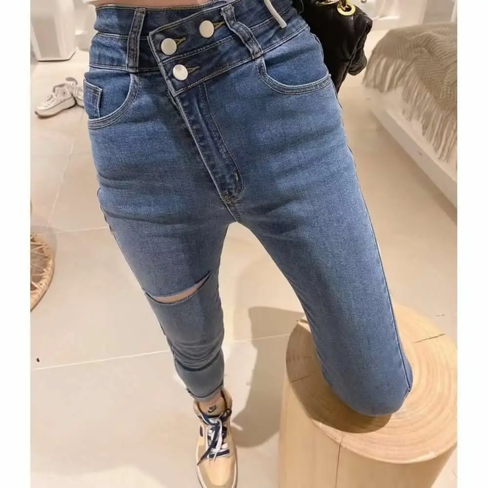 

High Waist Slim Fit Jeans Women's Thin Sle Faionable Casual Cotton Polyester Blend High Elastici Spring Autumn New Arrival