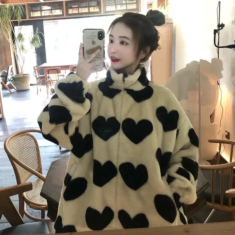 Fashion model imitation rabbit hair 2023 autumn/winter new love plush jacket women's loose stand-up collar coat