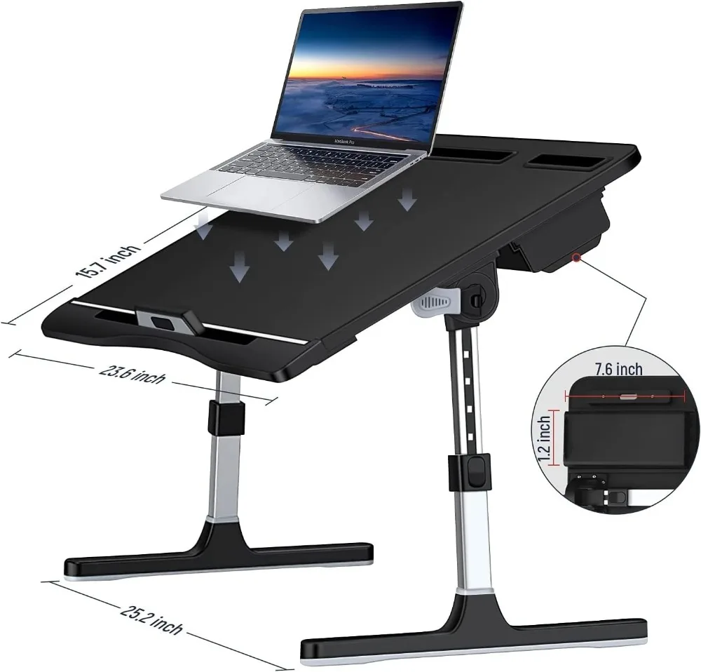 مكتب كمبيوتر محمول قابل للطي مع ارتفاع قابل للتعديل، وأدراج تخزين، وسطح جلدي لاستخدام السرير أو الأريكة #4