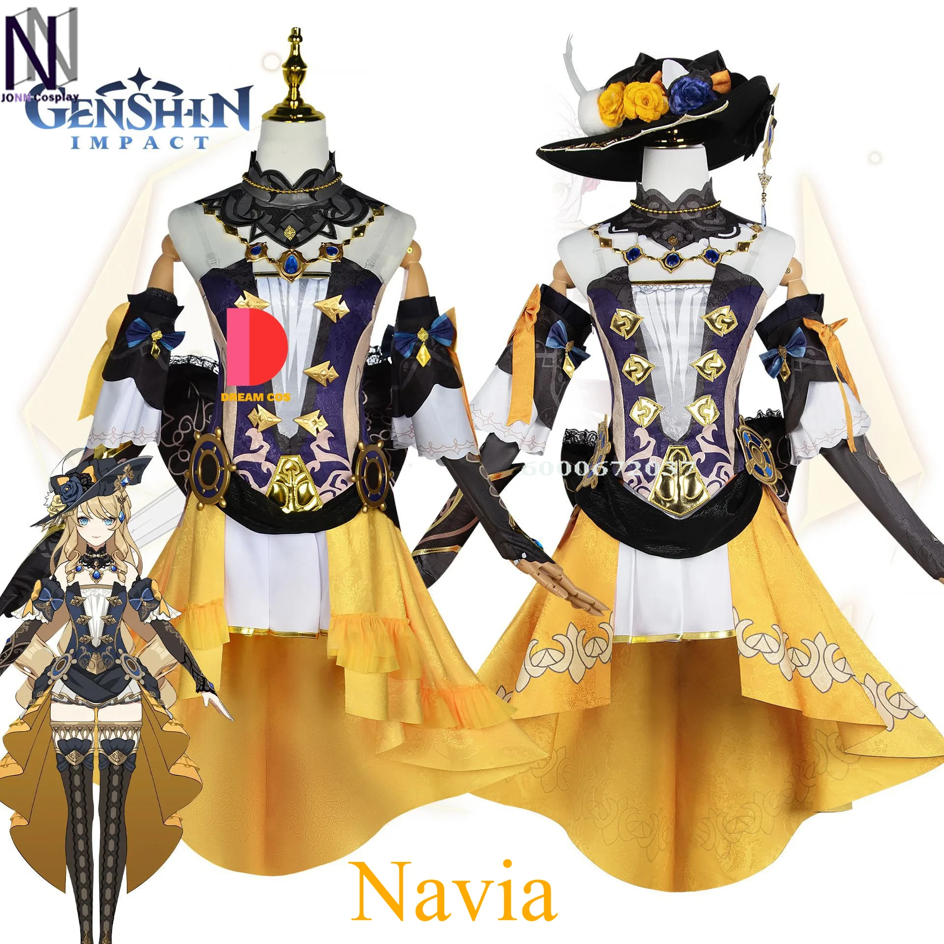 

Genshin Impact Game Navia Cosplay Costume Wig Hat Set Women Dress Uniform Halloween Party Outfit for Girls Complete Accessories