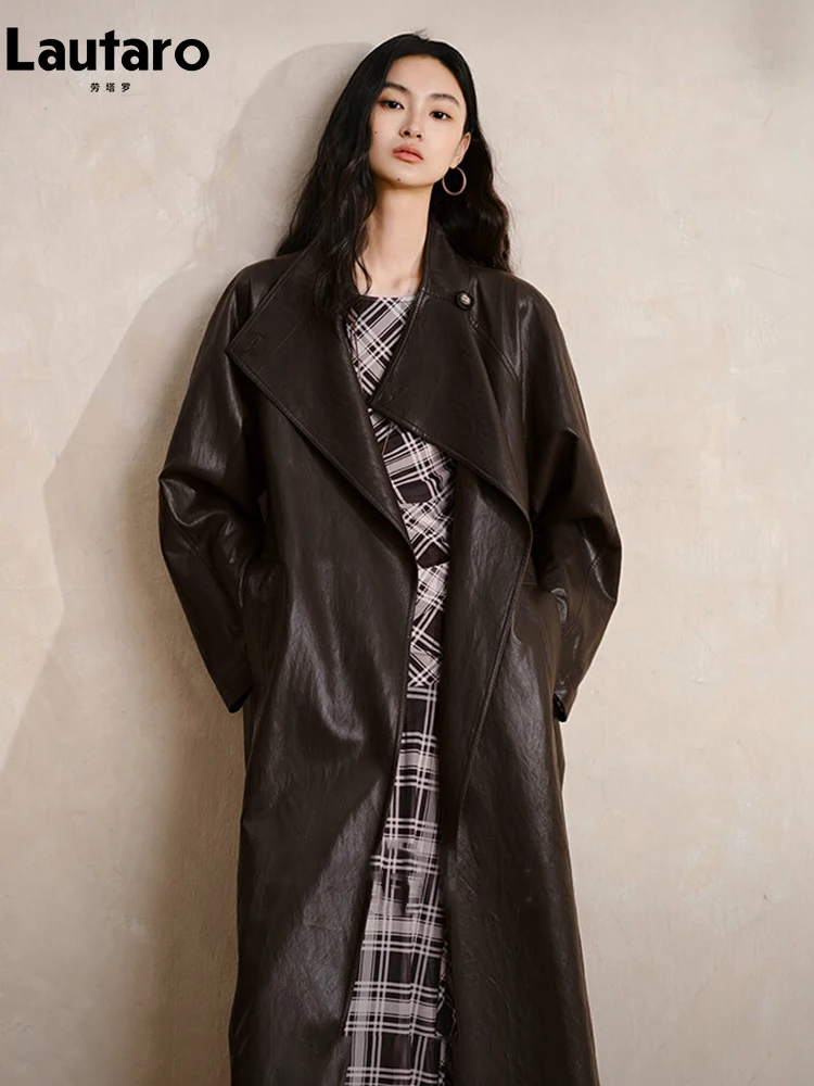 

Пальто-тренч Lautaro из коричневой искусственной кожи, водонепроницаемое, весна-осень, с поясом, роскошное, шикарное, в корейском стиле, 2026