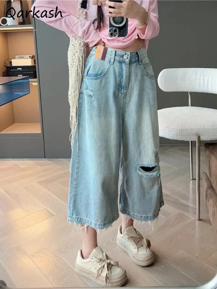 

Jeans Women Frayed Ripped Tassel Baggy Summer Ulzzang Leisure Fashion Popular All-match Straight Calf Length Street Trousers