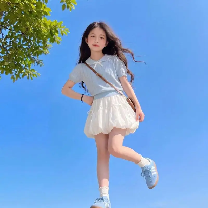 Girls Sweet Short Sleeve Set Girls Baby Peter Pan Collar Knitted Top White Flower Bud Skirt Set 2026 Summer New