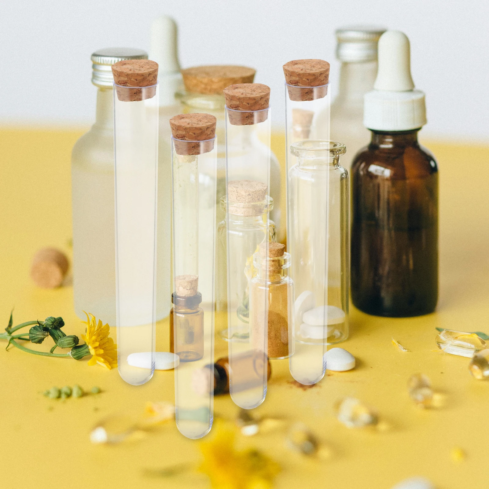 

25pcs 20x150mm Test Plastic Clear Candy Vials Cork Stoppers Reusable Sample Tubes Storage Vials Mini Testing Tubes