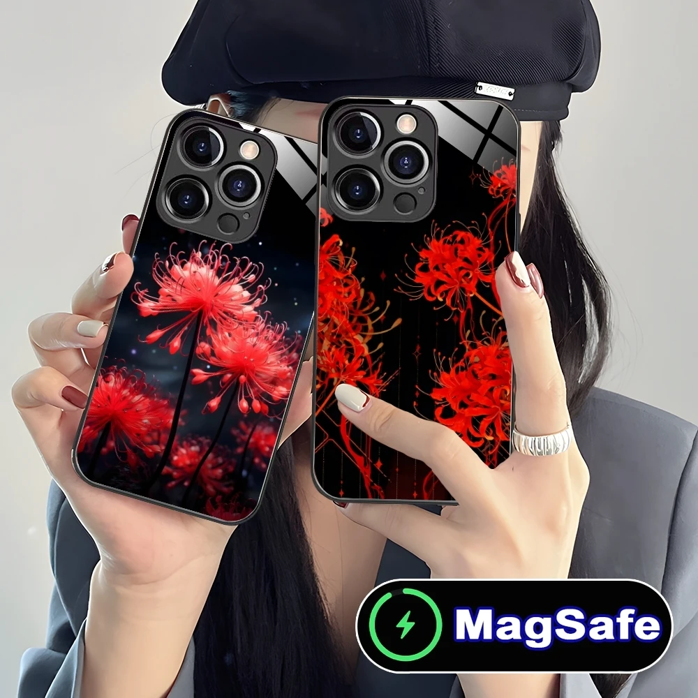 Red Spider Lily Color Mobile Cell Phone Case for iPhone 16 15 14 13 12 11 Pro Max Plus Mini MagSafe Wireless Charging Glass Cove