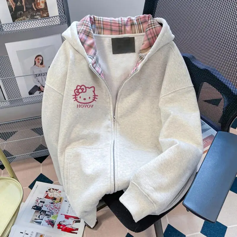 เสื้อฮู้ดผู้หญิงลายเฮลโลคิตตี้ น่ารัก สไตล์การ์ตูน สำหรับนักเรียน ฤดูใบไม้ร่วง แขนยาว มีซิป เสื้อผ้าผู้หญิง เสื้อนอก สินค้าใหม่มาแรง