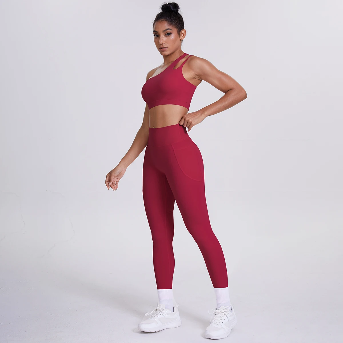 2-teiliges einfarbiges Sport-Yoga-Set für Damen, sexy, schräger Schulter-BH, Fitness-Top, Laufen, Radfahren, Taschen, Hosen, Fitnessstudio, Yoga-Set – Detail 39