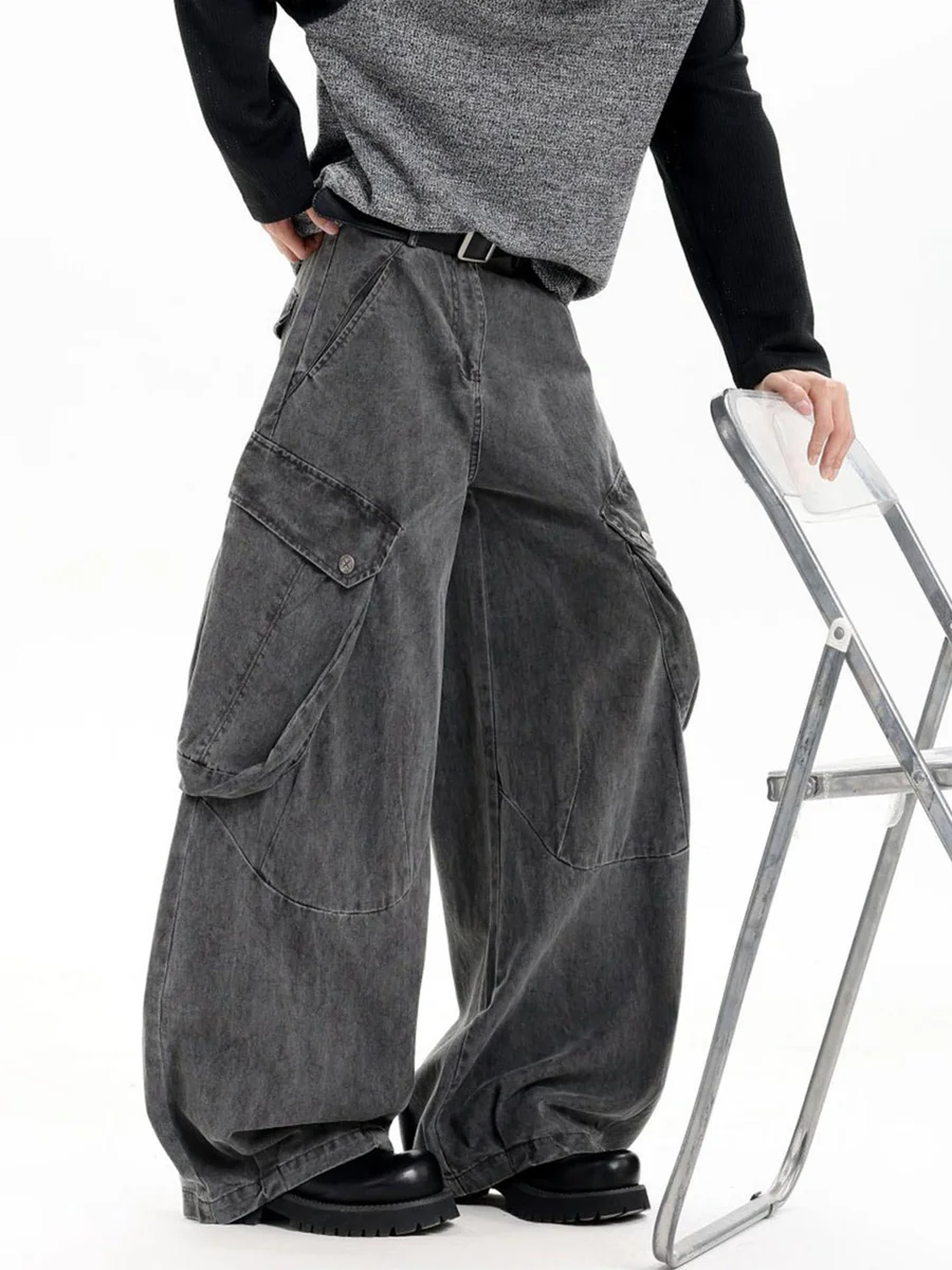 

Retro American Washed Heavyweight Deconstructed Patchwork Men's Street Style Loose Multi-Pocket Workwear Wide Leg Jeans