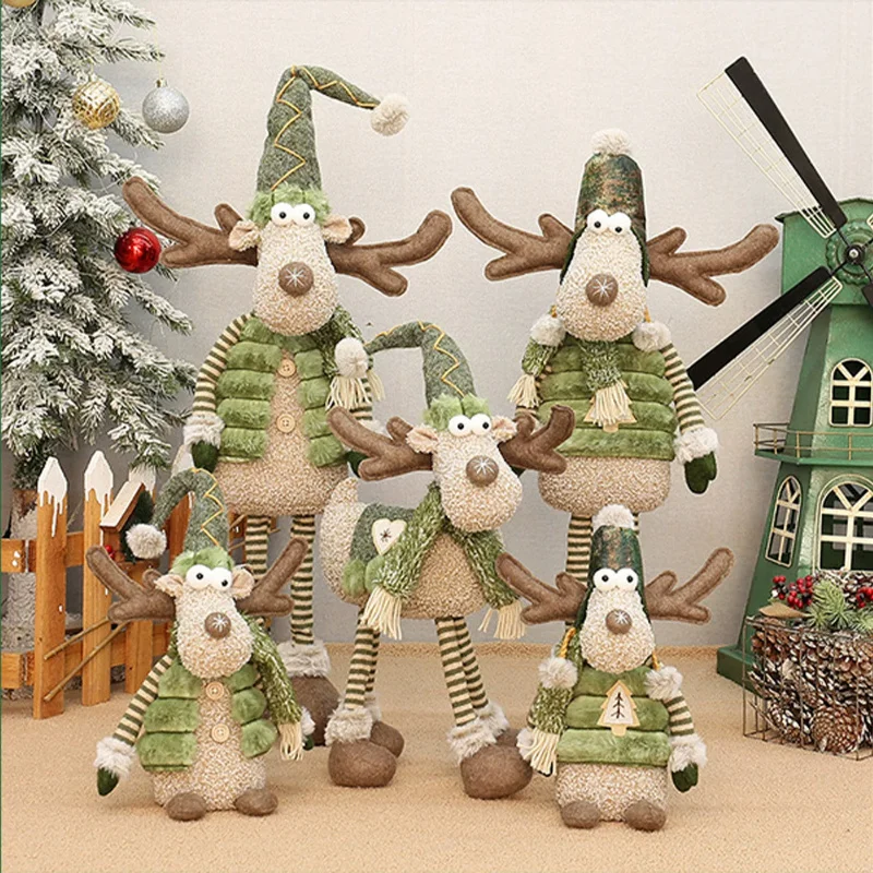 Christmas Green Plaid Reindeer Plush Doll Set Of 4 Antlers Striped Socks Festive Ornament Tabletop Home Display Gift Winter