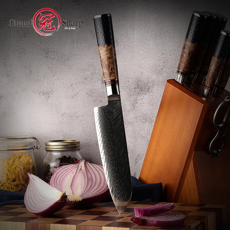 Grandsharp 7 Inch Damascus Santoku Knife AUS10 Japanese Kitchen Chef Knives Fish Meat Slicing Vegetables Chopping Butcher Knifes