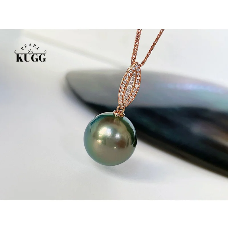 

KUGG PEARL 18K Rose Gold Necklace Classic INS Style 13-14mm Real Natural Tahiti Black Pearl and Diamond Necklace for Women