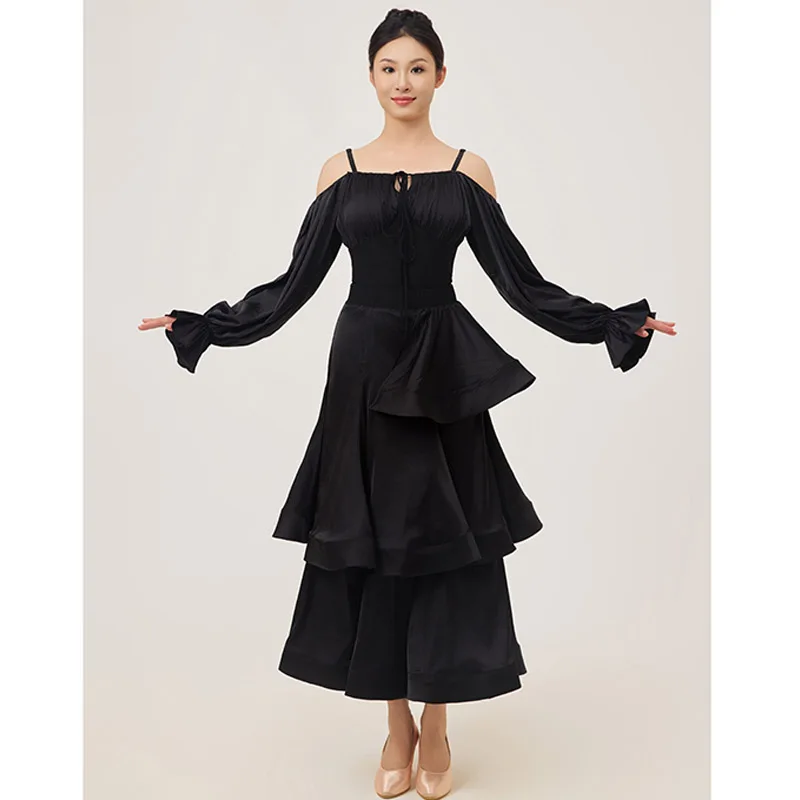 ชุดเต้นรำสมัยใหม่สำหรับผู้หญิง ชุดเต้นรำมาตรฐานระดับชาติ เสื้อเปิดไหล่ กระโปรง ชุดเต้นรำชาช่า ชุดแสดงเต้นบอลรูม DN22397