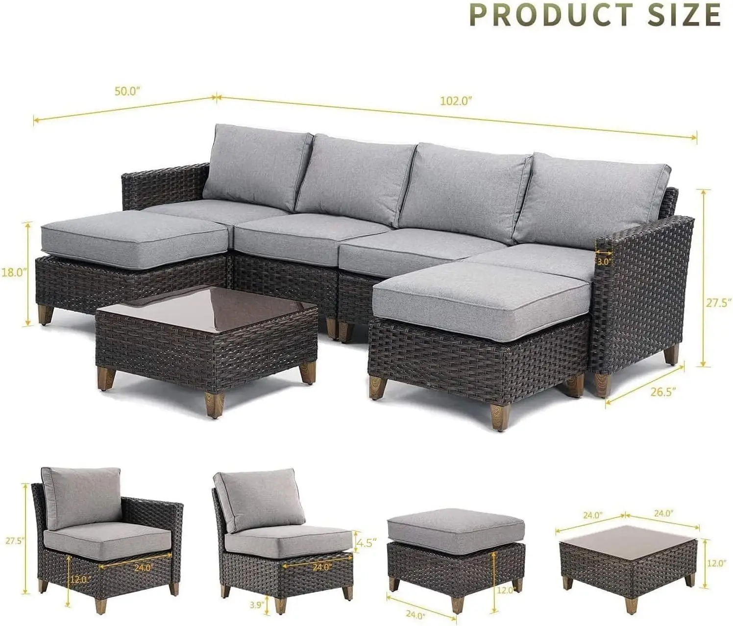 Sofa Sets Outdoor Furniture Sets, PE Wicker Patio Furniture Sectional Sofa with Thick Olefin Cushions for Yard Garden Porch