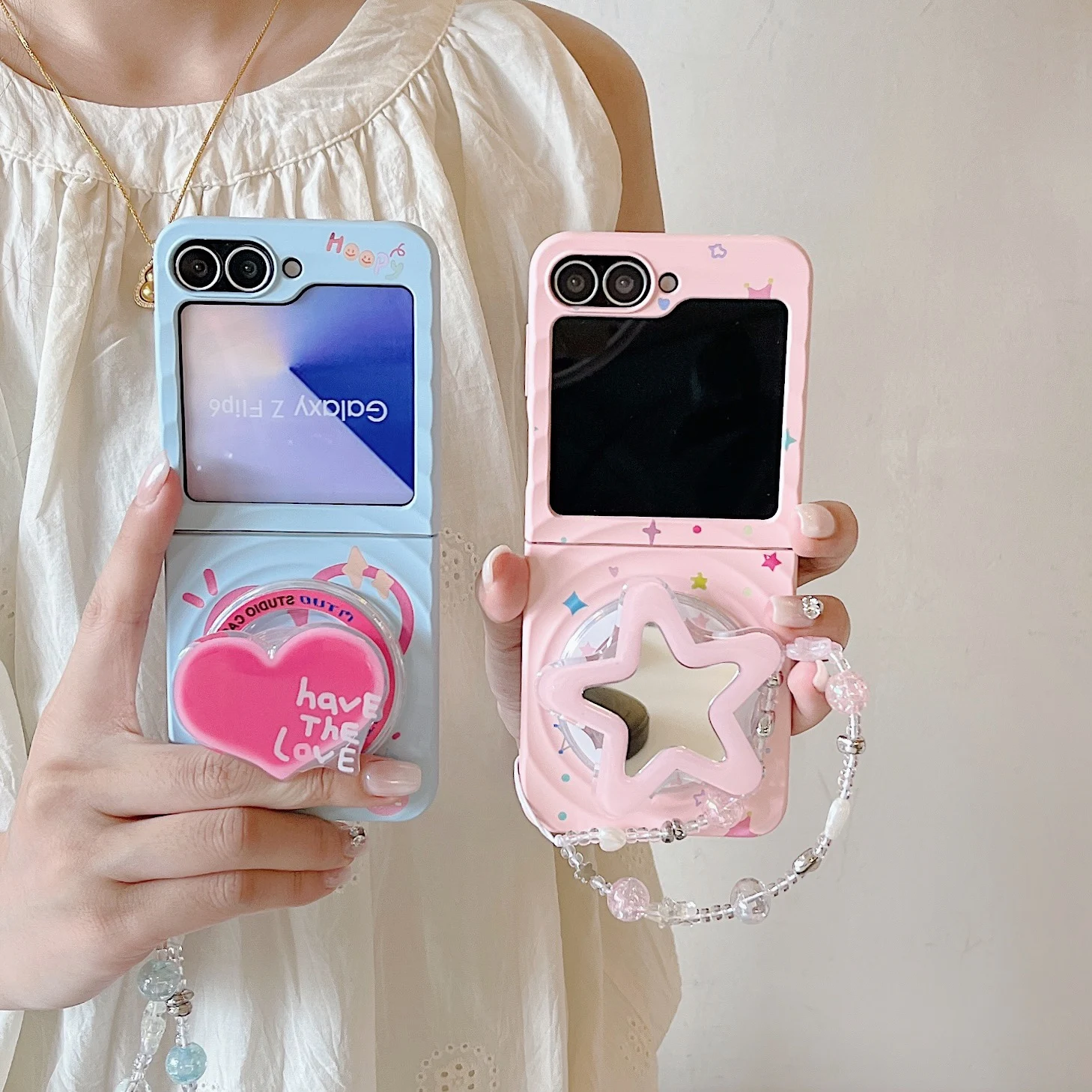 

Back Cover For Samsung Galaxy Z Flip 7 6 5 4 3 Case Colored Star Love Magnetic Attraction Bracket Bracelet Chain Phone Case