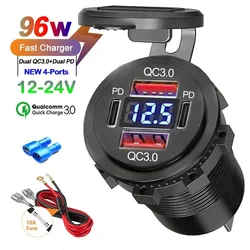 96W Dual PD QC3.0 USB Car Motobike Charger with Voltmeter Socket Power Outlet Adapter Waterproof for 12V/24V Car Boat Truck Moto