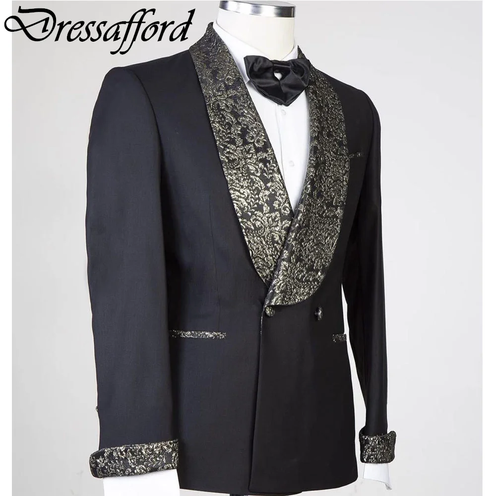 Black Two Pieces Men Suits Gorgeous Gold Jacquard Weave Formal Party Blazer Groom Wear ( Jacket + Pants )