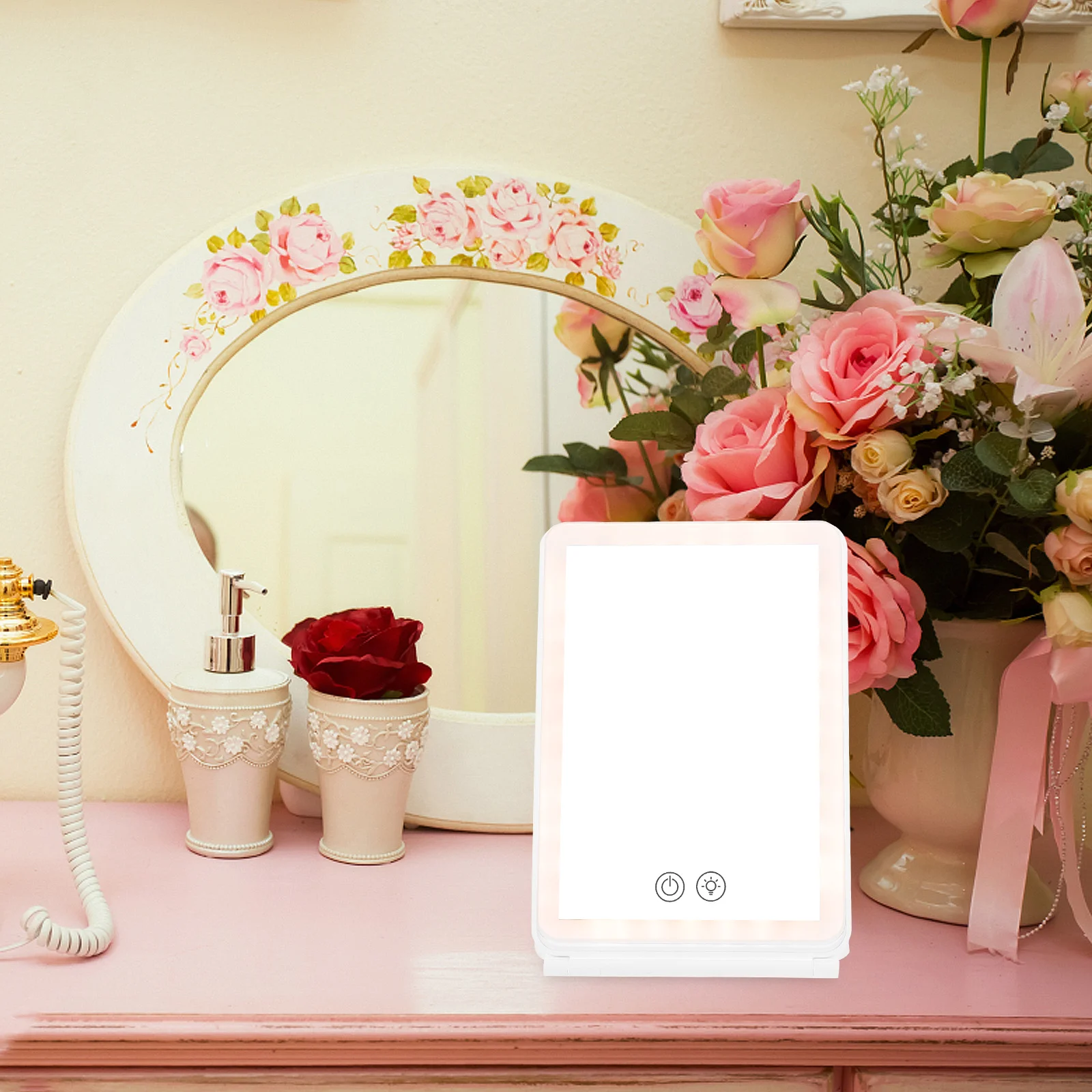 

Portable Folding Makeup Mirror Desktop Rechargeable LED Light High Definition Table Vanity Mirror Lightweight for Travel Bedroom