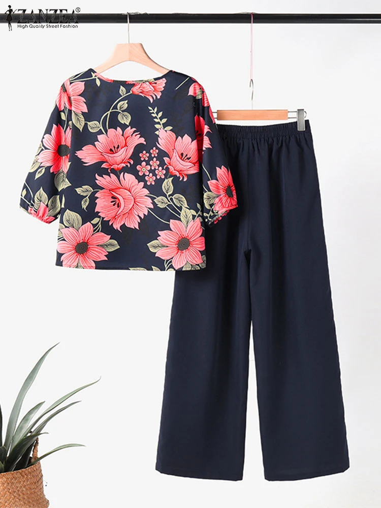 ZANZEA Floral Print Square Collar Blouse Vintage Pant Sets Solid Trousers Casual Elegant Women Tracksuits Holiday 2pcs Outfits