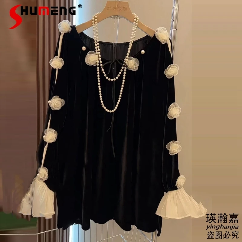 Woman Clothes Three-Dimensional Flowers T-shirt Female Shirt 2023 Autumn and Winter New Loose Pleuche O Neck Black Bottoming Top