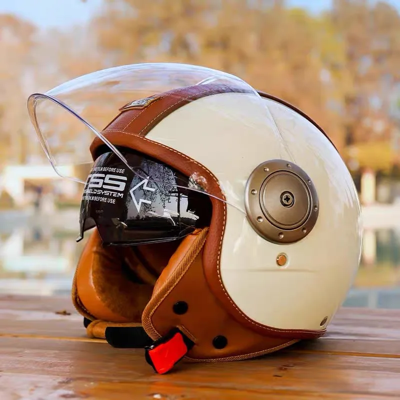 Capacete de Moto Vintage com Viseira Dupla, Capacete Aberto 3/4 para Pilotagem, Capacete Retrô de Couro Jet com Certificação 3C e DOT