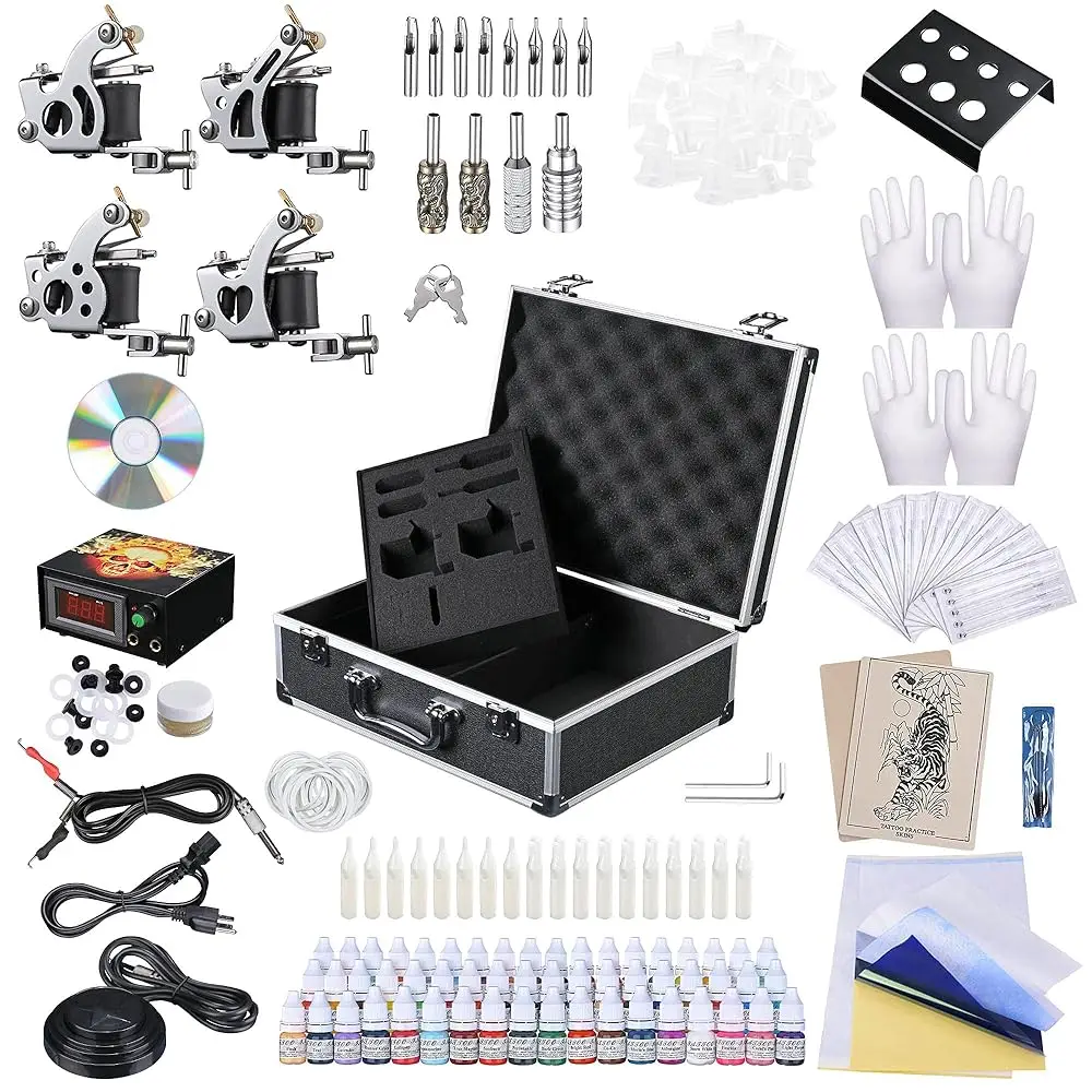 

Tattoo Hine Kit Complete 4 Hine Guns Starts Kit 54 Color Ink Power Supply Equipment Foot Pedal Needles Grips Carry Case For