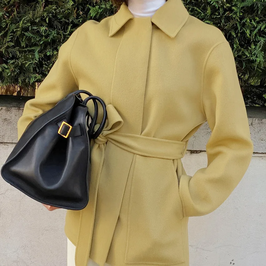 سترة صوفية نسائية للخريف بأربطة باللون الأصفر وياقة مقلوبة وجيوب وأكمام طويلة ملابس خارجية للإناث معطف أنيق للسيدات #2