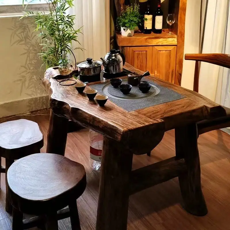 

Old Elm Tea Table Solid Wood Irregular Tea Desk Wabi Sabi Style Tea Table and Chair Set for Balcony Office
