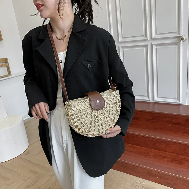 Yogodlns Sommer Stroh Tasche Für Frauen Mode Halbkreis Umhängetaschen Rattan Handgemachte Messenger Handtasche Reise Strand Taschen Tote – Detail 12