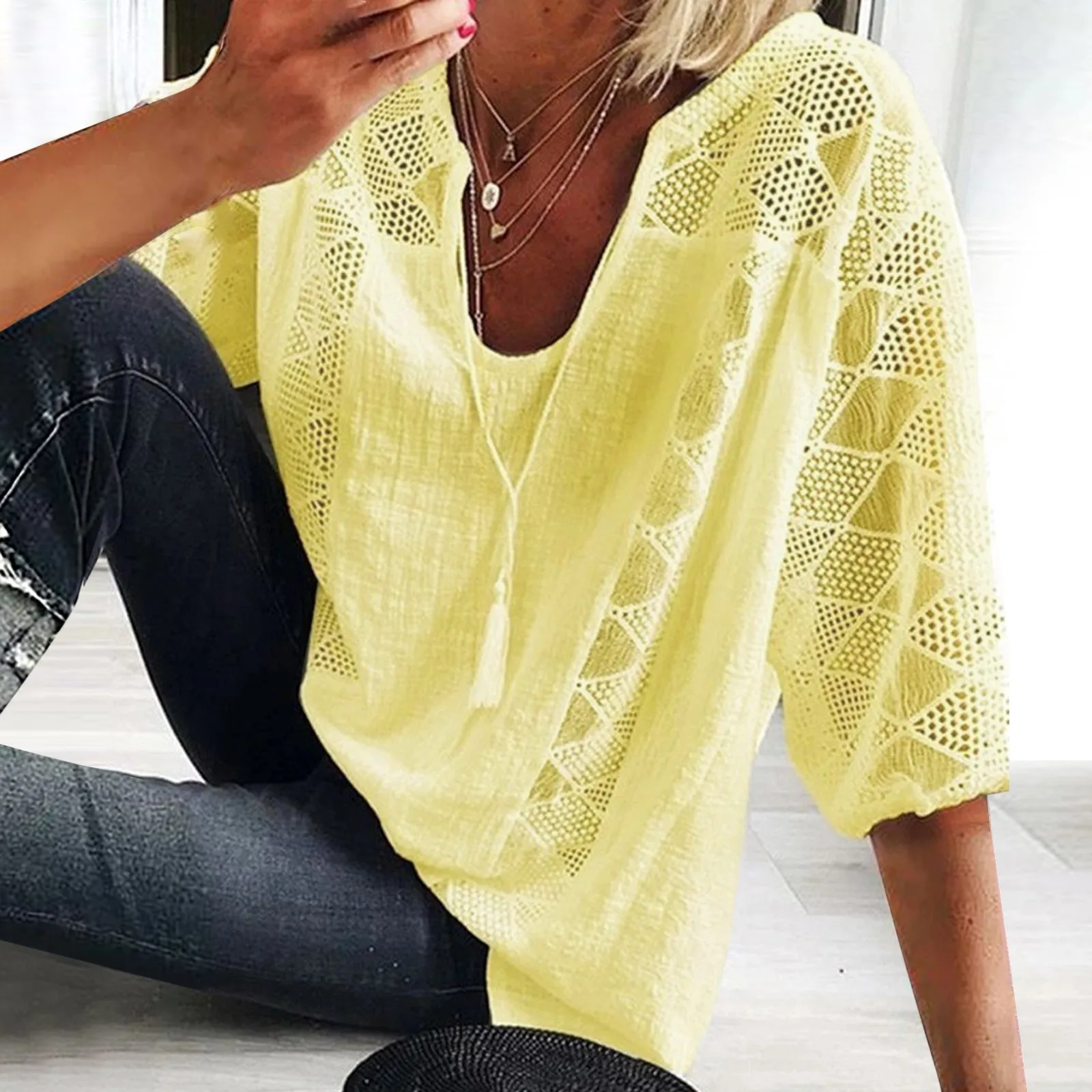 Women‘S Cotton Linen Tunic Tops V Neck 3/4 Sleeve Fashion Casual Loose Lace Plus Size Blouse Ladies Fashion Daily Clothing 2024