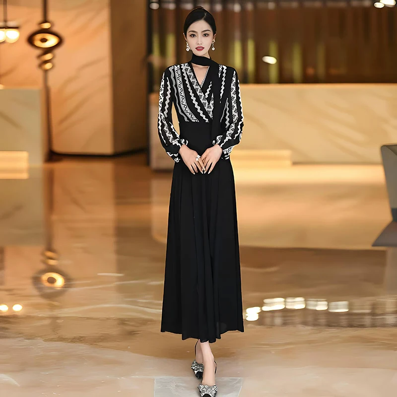 

New Women Long Sleeve Print Chiffon Dress Spring Summer Fashion V-Neck High Waist Slim Long Dress Casual Flowing Daily Dress