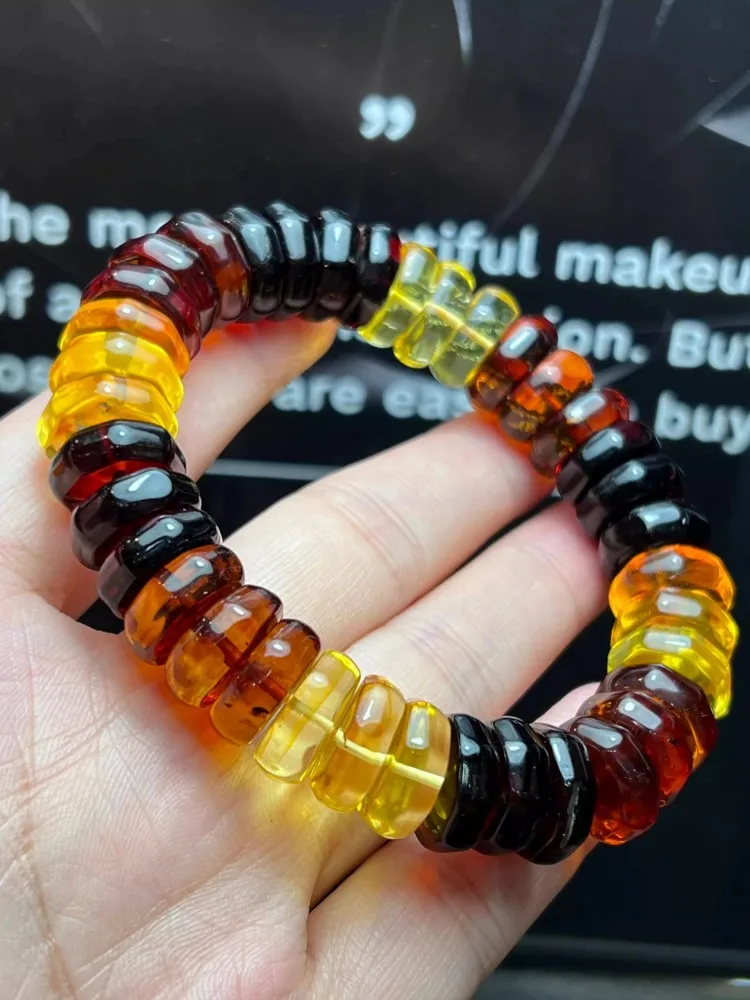 New Women Natural Amber Bracelet Birthday Gift Colorful Beads Fine Jewelry Ethnic Style Vintage Bracelet