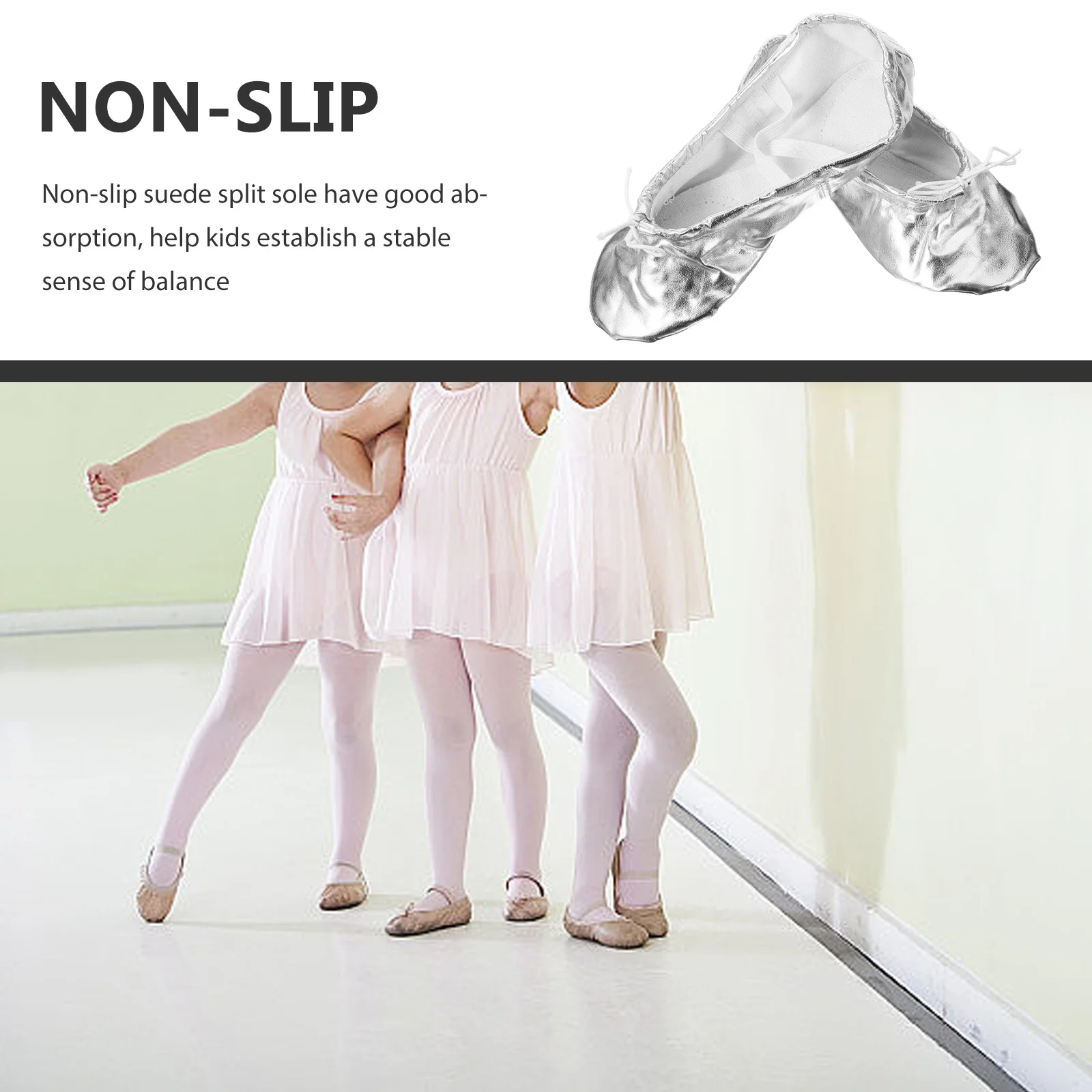 

PU Ballet Dance Shoes Size 34 Silver Non-Slip Suede Split Sole Ballet Flats for Kids Girls Yoga Gymnastics