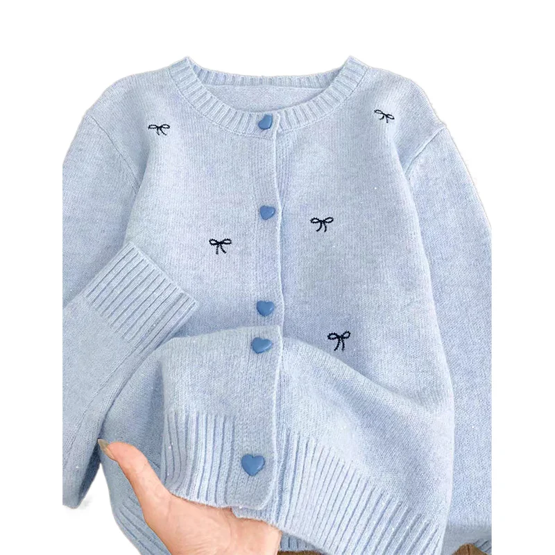 

Bow Embroidered Sweater Soft Versatile Blue O-neck Knitted Cardigan Top Women's 2025 Spring Autumn Long Sleeved Loose