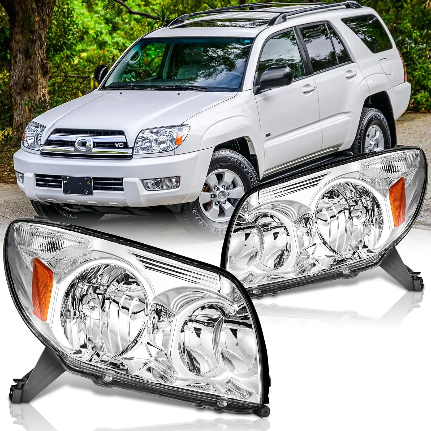 Pair of Headlight Assemblies Compatible with 2003-2005 4Runner Limited/Sport/SR5 Utility, Replacement Headlamps for Driver and Passenger Sides, Chrome Housing with Amber Reflectors