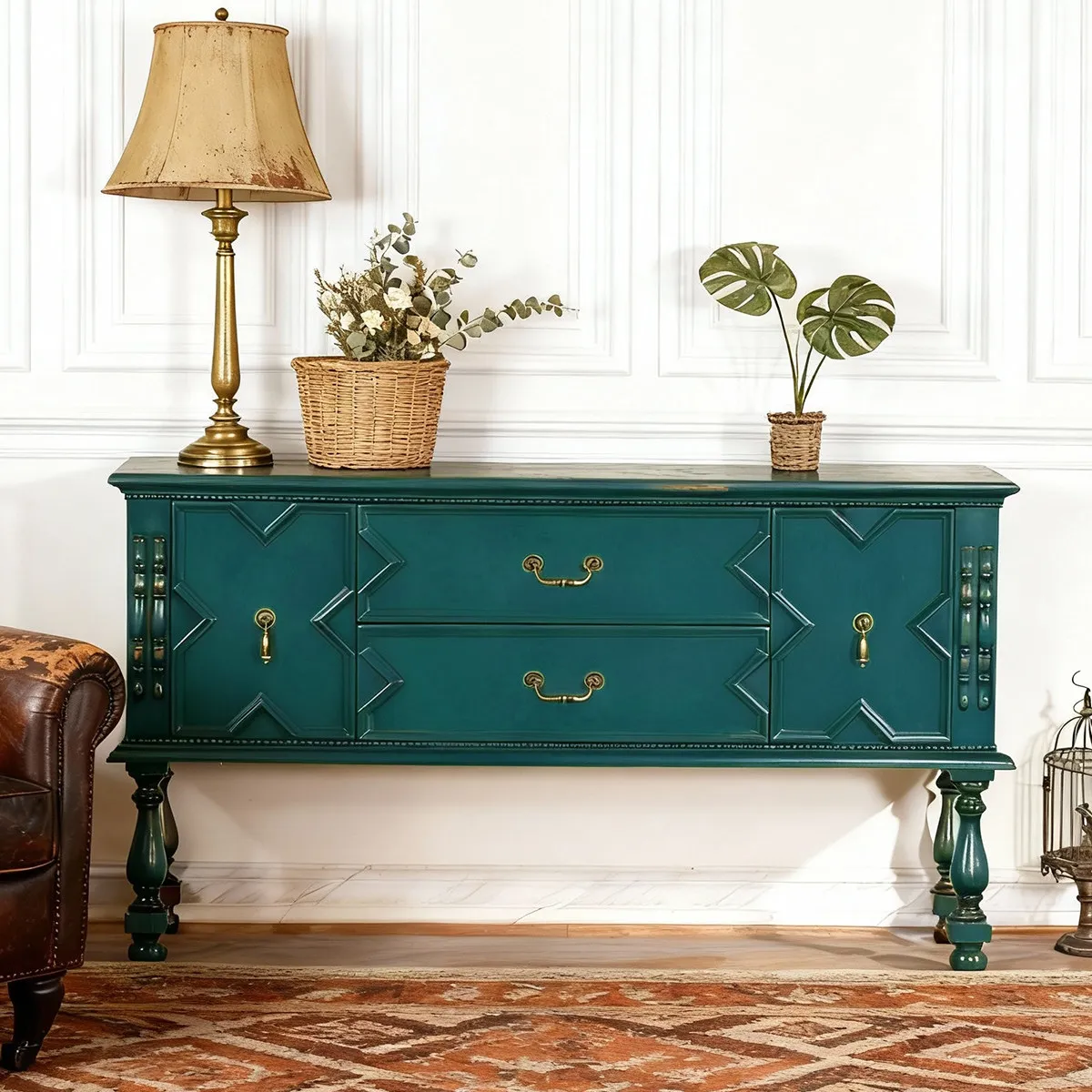 Retro hole green porch cabinet carved solid wood texture side cabinet