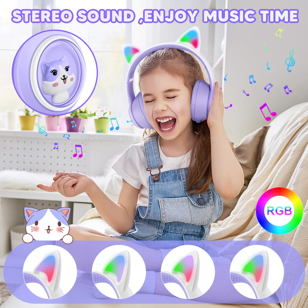 Cute 3D Cat Ear Headphones with RGB LED Light Bluetooth Wireless Space Capsule Headset For School For Children Kid Girls Gifts