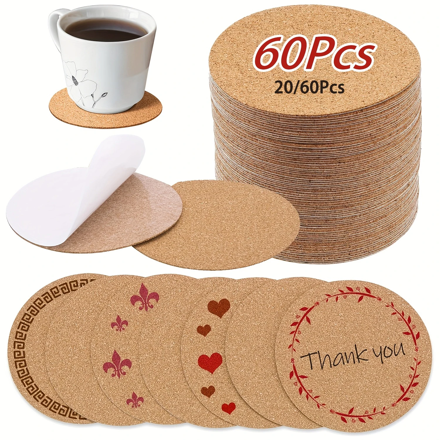 20-60Pcs Self-Adhesive Cork Sheets for DIY Coasters Round Backing Cork Tiles Mat Cork Coasters CorkBacking for Wall Decor Crafts