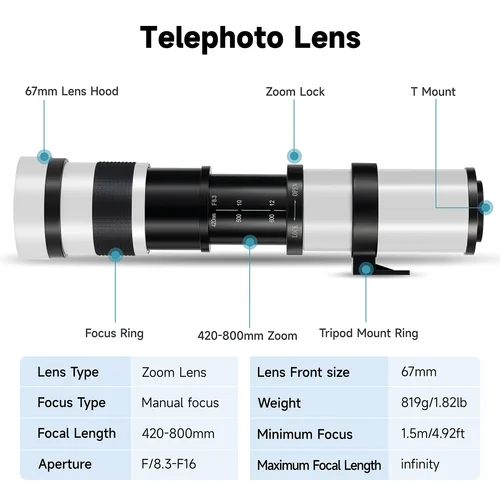 Imagen 2 del producto Lente Teleobjetivo Manual JINTU 420-800mm f/8.3 para Sony a7r, a7s, a7, a6500, a6300, a6000, a5100, a5000, a3000, NEX-7, NEX-6, 5T