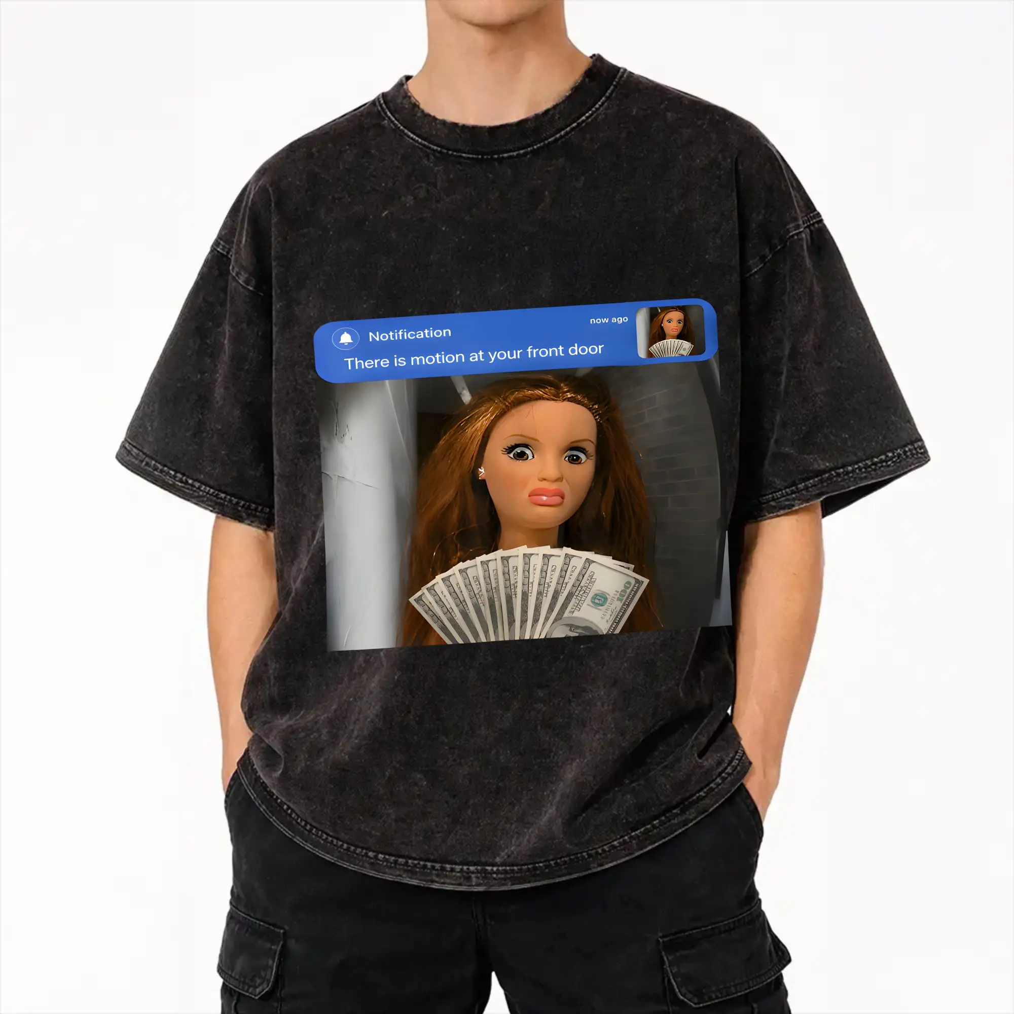 There Is Motion at Your Front Door, Doll Meme  Outfit Washed T Shirts for Men Women Streetwear Hip Hop T-Shirts