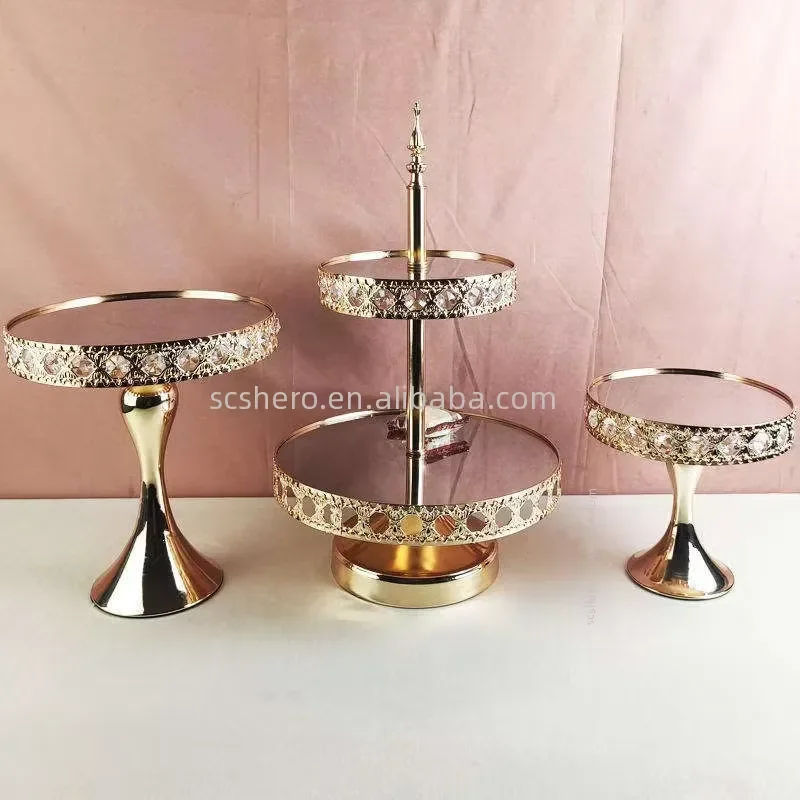 Vintage Gold Three Tier Cake Stand Set Hollow Crystal Mirror Design Elegant Wedding Party Dessert Display Rack Buffet Table