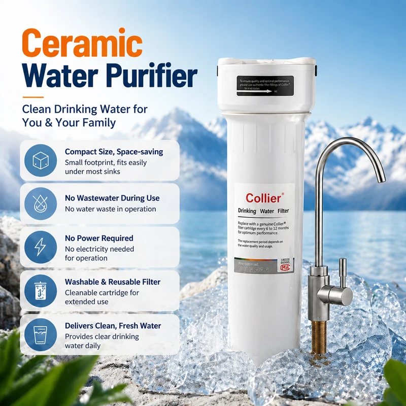 

Collier HT1 Water Purifier with Tap Washable Ceramic Filter for Home RV Kitchen - Removes Chlorine Heavy Metals