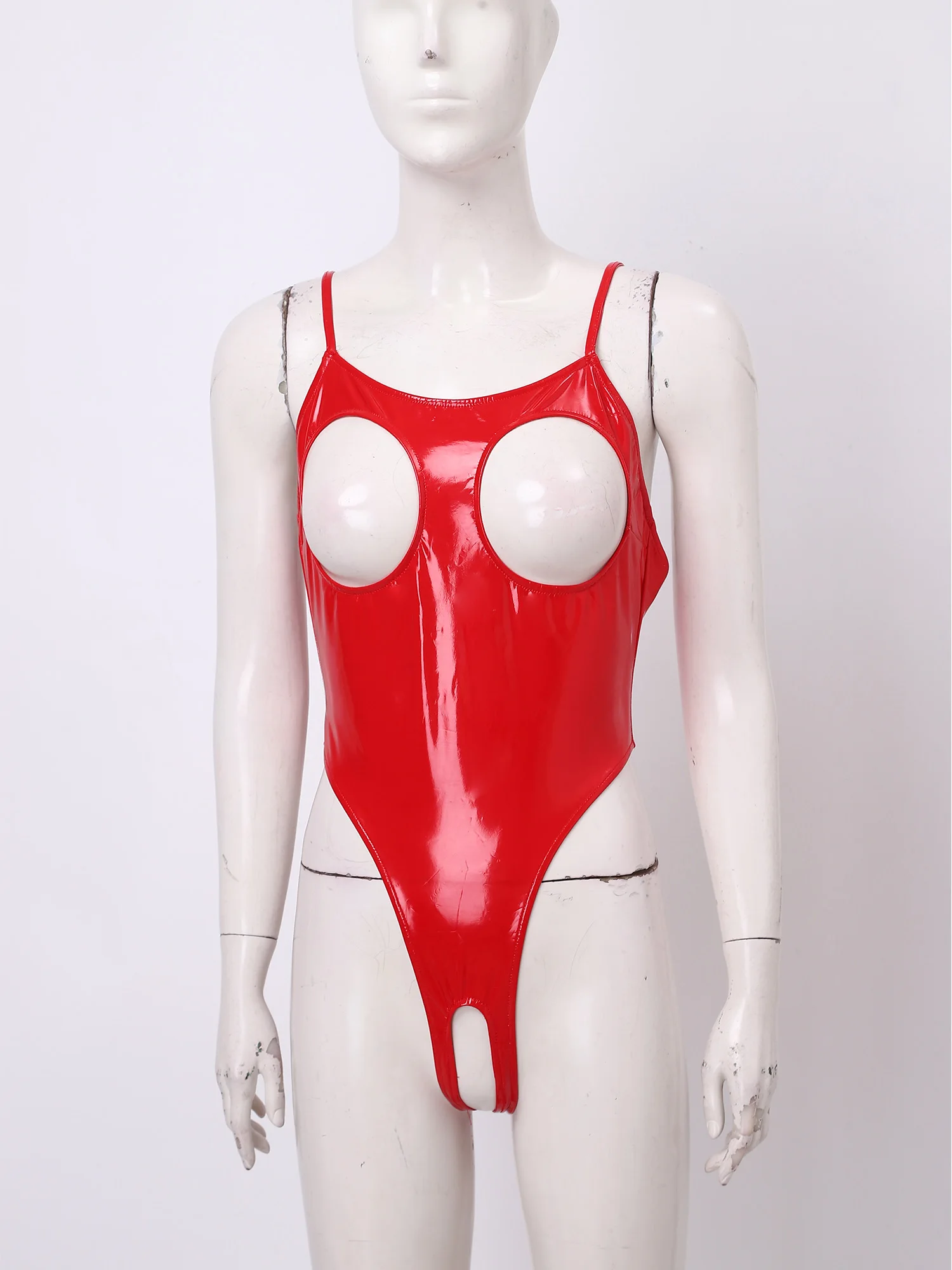 Womens Sexy PU Leather One Piece Lingerie Bodysuit Wet Look Hollow Out Open Cup Crotchless High Cut Leotard Catsuit Nightwear view 4
