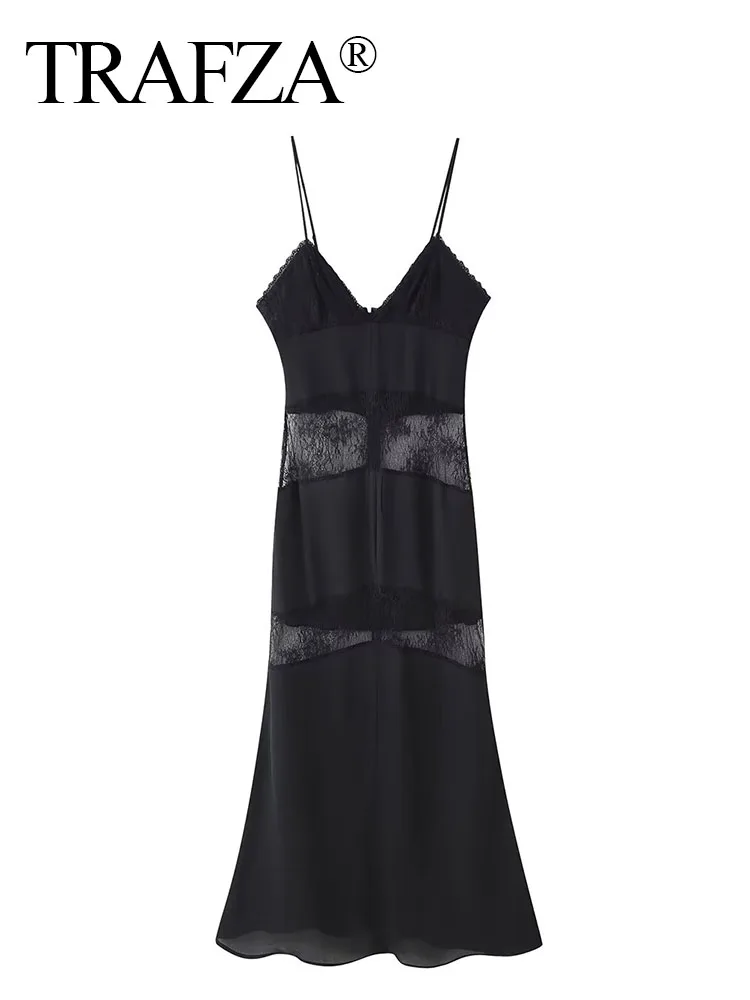 

TRAFZA 2025 летнее женское сексуальное платье без рукавов с открытой спиной и v-образным вырезом, черное кружевное дизайнерское тонкое длинное платье, женское элегантное вечернее платье